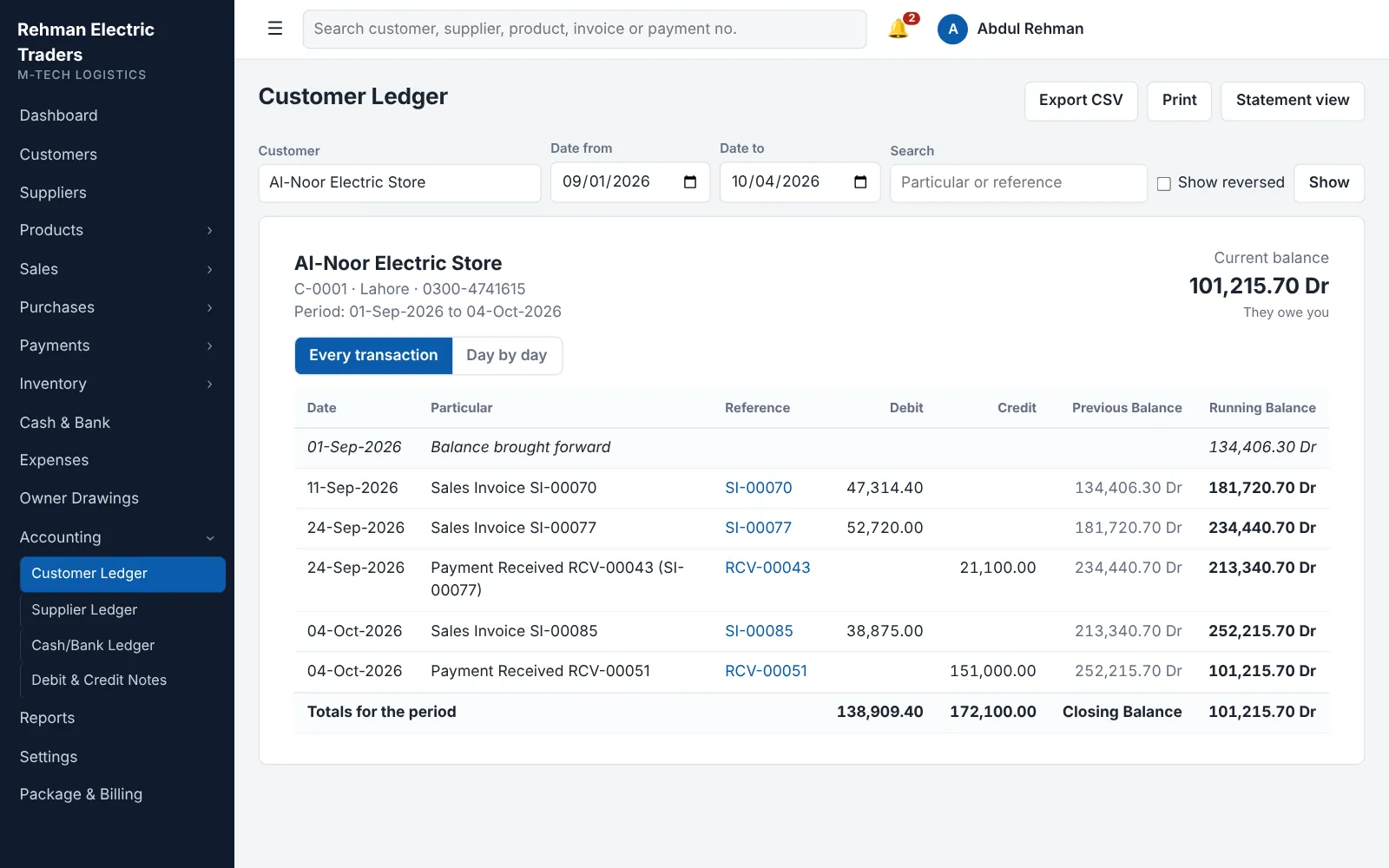 Customer ledger in M-Tech Logistics showing date, particulars, debit, credit and running balance